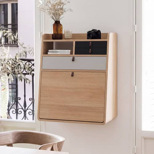 Secrétaire mural Gaston bois gris / L 60 x H 72 cm - Hartô - Gris clair & gris ardoise / Chêne - Cuir, MDF plaqué chêne