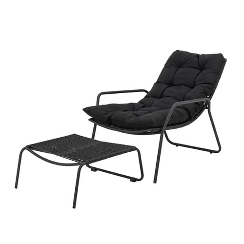 Set fauteuil & repose-pieds Boel / Tressage corde - Coussin inclus - Bloomingville - Noir - Acier, Corde polyester, Mousse, Tissu