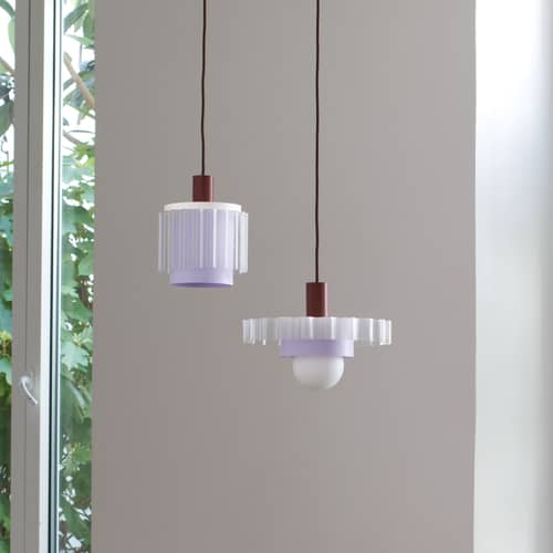 Suspension Gigi n°3 / Ø 28 x H 14,5 cm - Plastique recyclé / Fabriqué en France - Warren & Laetitia - Câble marron / Blanc / Lilas - Bioplastique, Plastique recyclé