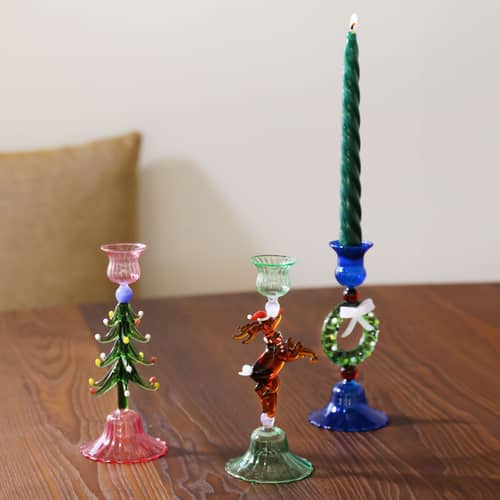 Bougeoir Merry verre bleu / H 17 cm - & klevering - Couronne de Noël / Bleu - Verre soufflé bouche