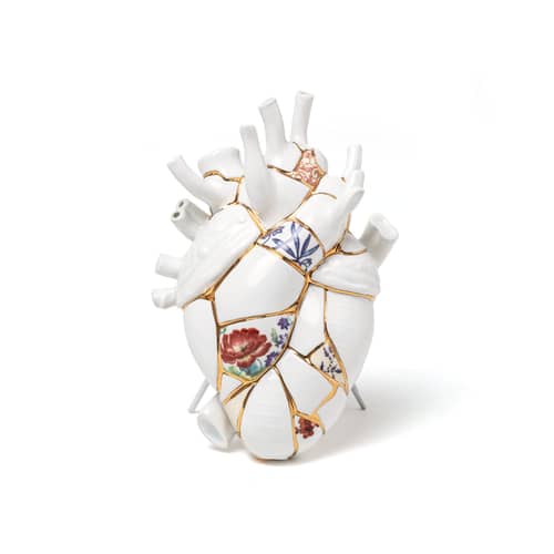 Vase Love in Bloom Kintsugi céramique blanc / or 24K - H 25 cm / Marcantonio, 2018 - Seletti - Blanc & or / Motifs colorés - Or 24K, Porcelaine