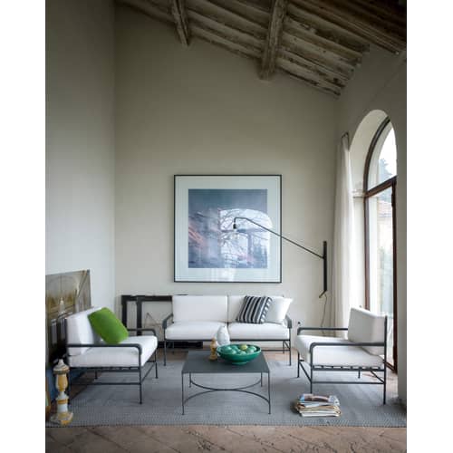 Canapé de jardin 2 places Toscana métal tissu blanc gris noir / L 161 cm - Unopiu - Gris graphite / Coussins blanc Latte - Acier thermolaqué, Fer galvanisé, Mousse, Tissu acrylique