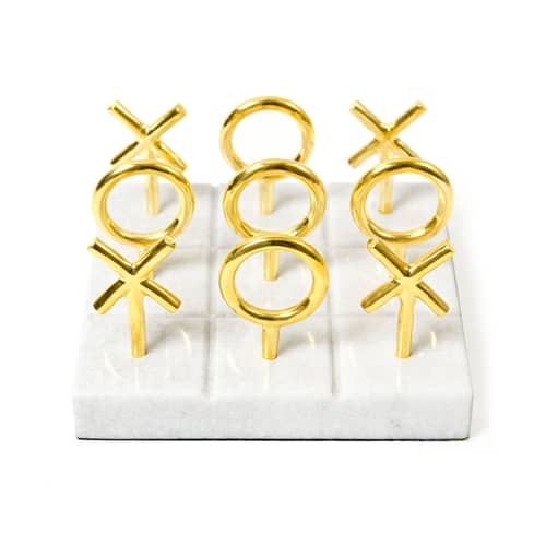 Jeu de morpion Tic Tac Toe marbre blanc or métal / Marbre & laiton - Jonathan Adler - Blanc & laiton - Laiton poli, Marbre