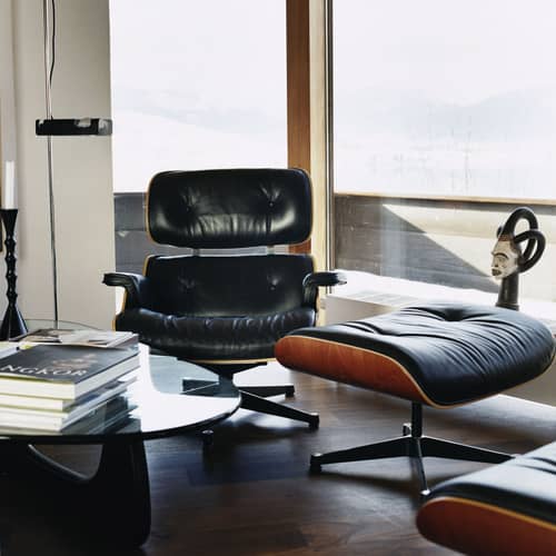 Lounge Chair & Ottoman Set armchair & footrest leather black /  Eames, 1956 - Cherry tree - Vitra - Cherry tree / Black (leather) - Cherry tree, Curved plywood, Leather, Polyurethane foam
