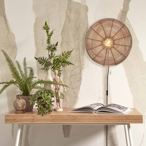 Wandleuchte mit Stromkabel Tanami Disc faser holz beige / Rattan / Ø 40 cm - GOOD&MOJO - Natur - Eisen, Rattan