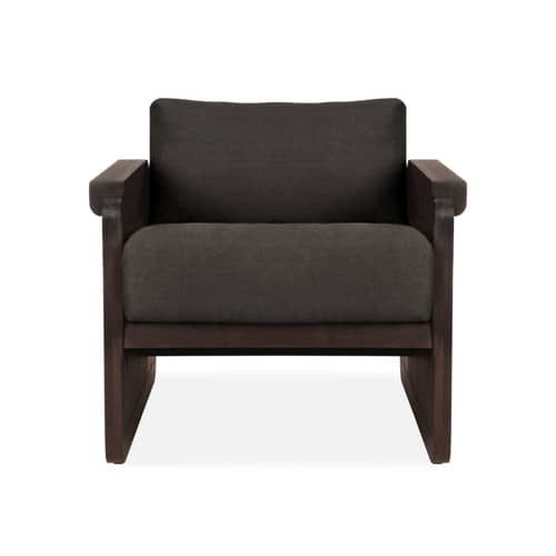 Gepolsterter Sessel Panel textil braun / Teakholz & Rattan - Ethnicraft - Dunkles Teakholz / Brauner Stoff - Leinenstoff, Massives Teakholz, Rattan, Schaumstoff