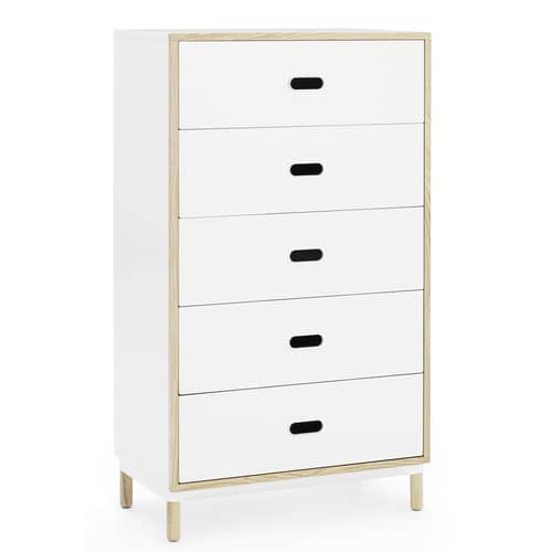 Kommode Kabino metall weiß holz natur / L 74 cm x H 127 cm - 5 Schubladen - Normann Copenhagen - Weiß & Esche - Esche, natur, Holzfaserplatte, lackiertes Aluminium