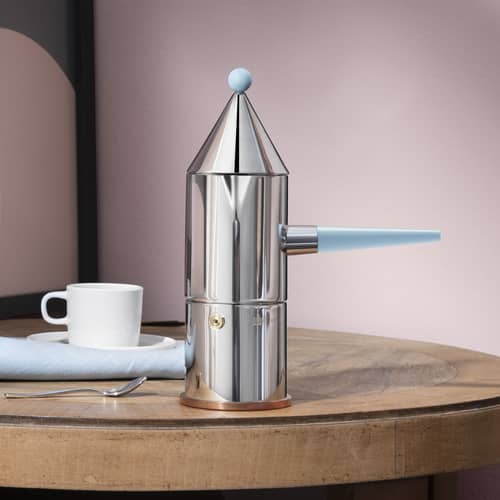 Cafetière italienne La Conica, Poignée longue (1984) métal / 3 tasses - SAUF induction / Alessi 100 Values Collection - Alessi - Acier / Bleu pâle - Acier inoxydable, Cuivre, Résine thermoplastique