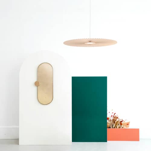 Sospensione Carmen Medium tessuto beige / LED - Ø 90 cm - Hartô - Sabbia dorata - metallo verniciato, Tessuto accoppiato su PET