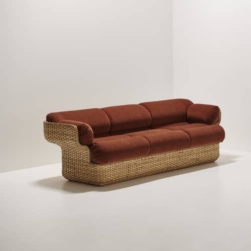 Sofa Basket textil faser orange braun beige holz natur / 3-Sitzer - By Joe Colombo (1967) / L 233 cm - Gubi - Rostbraun (Dedar belsuede FR 133) -  Ouate, Gewebe, Rattan, Schaumstoff
