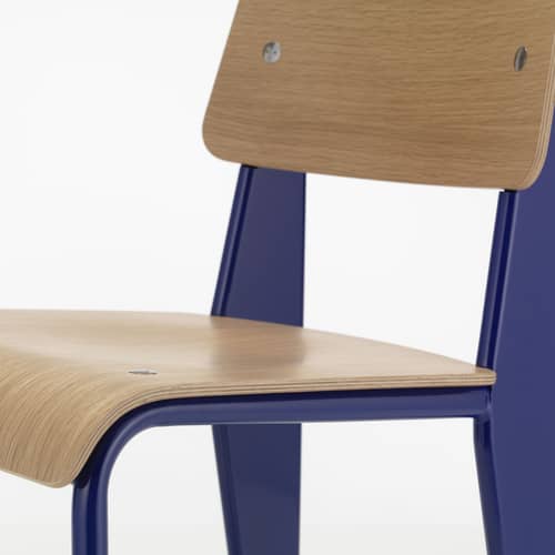 Sedia Standard blu legno naturale / Jean prouvé, 1934 - Metallo & legno - Vitra - Rovere naturale / blu Marcoule - , Acciaio laccato epossidico