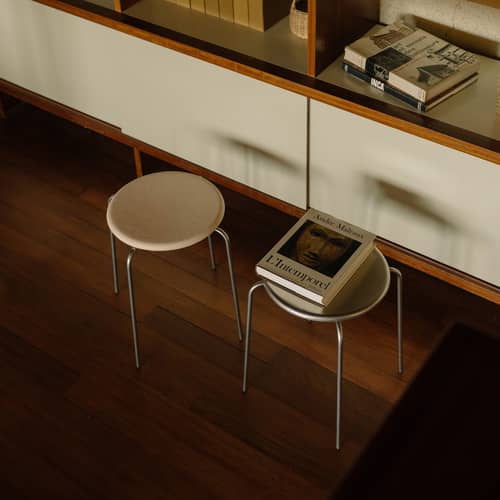 Tabouret Petit Rond métal / Assise cuir - Frama  - Acier brossé / Cuir naturel - Acier inoxydable brossé, Cuir