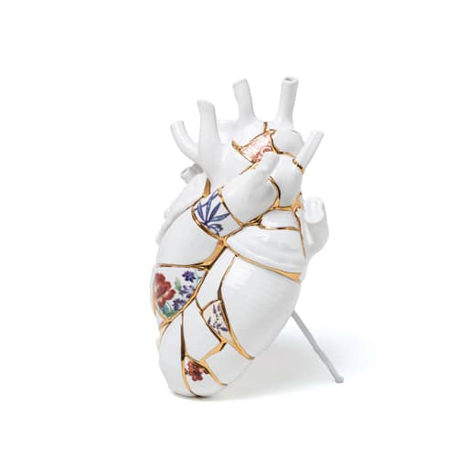 Vase Love in Bloom Kintsugi céramique blanc / or 24K - H 25 cm / Marcantonio, 2018 - Seletti - Blanc & or / Motifs colorés - Or 24K, Porcelaine