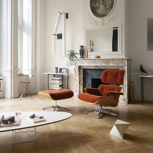 Set fauteuil & repose-pieds Lounge Chair & Ottoman tissu gris / Eames (1956) - Vitra - Cerisier / Anthracite (velours) - Contreplaqué cintré, Mousse polyuréthane, Placage cerisier, Velours