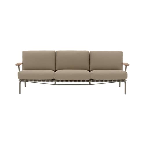 Divano da giardino a 3 posti Settle tessuto beige / L 218,5 cm - Muuto - Tessuto Talpa / Beige (Trama a coste 5) - Acciaio, Cinghia in poliestere, Espanso, Mogano, Tessuto per esterni