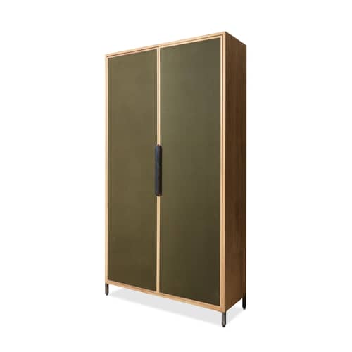 Armoire Pioneer Canvas bois vert / L 100 x P 37,5 x H 180 cm - Portes tissu - HK LIVING - Tissu vert kaki / Bois naturel - Bois massif, Contreplaqué, Tissu