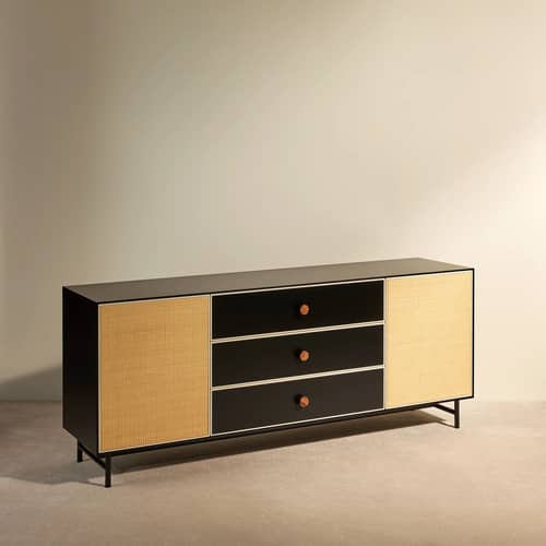 Buffet Essence bois noir / L 180 x H 75 cm - rotin - Maison Sarah Lavoine - Noir & rotin - Bois laqué, Métal, Moelle de rotin