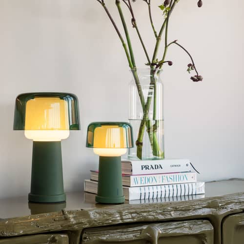 Lampe de table Revolve verre vert - Fatboy - Vert mousse - Aluminium, Verre soufflé bouche