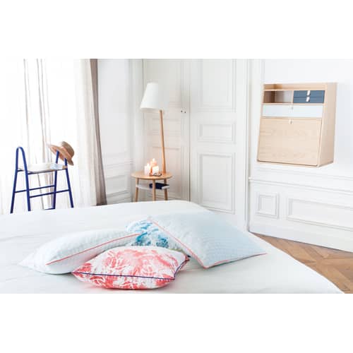 Secrétaire mural Gaston bleu bois naturel / L 60 x H 72 cm - Noyer - Hartô - Bleu pétrole & laiton / Noyer - Cuir, MDF plaqué chêne