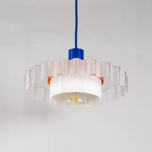 Suspension Gigi n°3 / Ø 28 x H 14,5 cm - Plastique recyclé / Fabriqué en France - Warren & Laetitia - Câble bleu / Blanc / Orange - Bioplastique, Plastique recyclé
