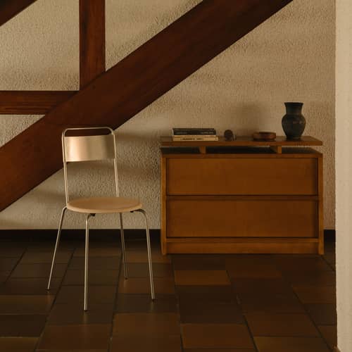 Chaise Petit Rond métal / Assise cuir - Frama  - Acier brossé / Cuir naturel - Acier inoxydable brossé, Cuir