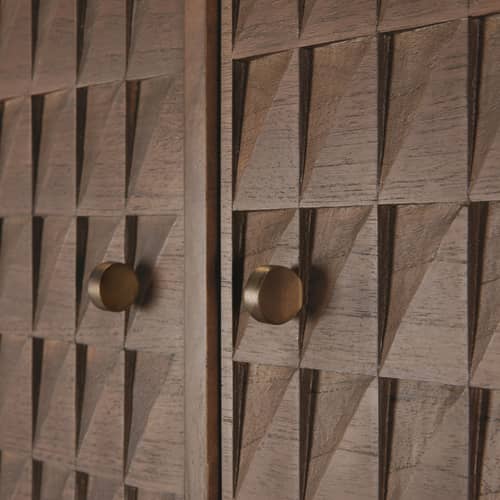 Anrichte Sono holz braun / B 116 x H 144 cm - Handgeschnitzte Relief-Wandtafeln - Ethnicraft - Teakholz / Griffe Messing - Festes Teakholz gebeizt, Gegossenes Messing
