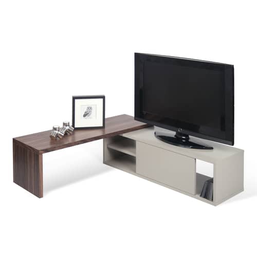 Meuble TV extensible Slide gris bois naturel / Pivotant - L 110 à 203 cm - POP UP HOME - Gris / Noyer - Panneaux d\'aggloméré peints, Placage de noyer