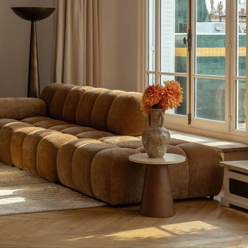Gepolsterter Sessel Waffle textil braun / Sofa modulierbar - NV GALLERY - Camel, gekreppt - Gewebe, High Density-Schaum