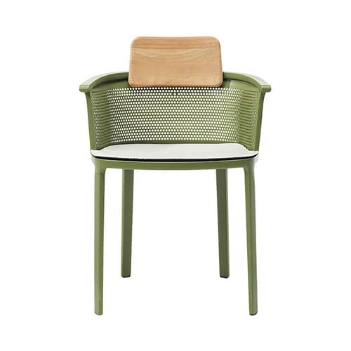 Poltrona impilabile Nicolette metallo verde / Alluminio e Teck - Ethimo - Verde e Teck / Cuscino Bianco - Alluminio fuso laccato, Teak naturale, Tessuto acrilico