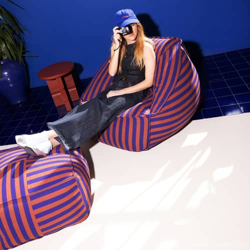 Pouf Otto tissu bleu / Repose-pieds - 55 x 55 cm - NOBODINOZ - Rouge brun & bleu encre - Coton biologique, Polystyrène expansé