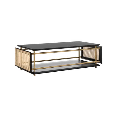 Tavolino Wiener Box fibre legno nero oro beige / 107 x 50 cm x H 33 cm - Canna di paglia - Wiener GTV Design - Nero, naturale e ottone - Legno laccato, Metallo con finitura in ottone, Paglia