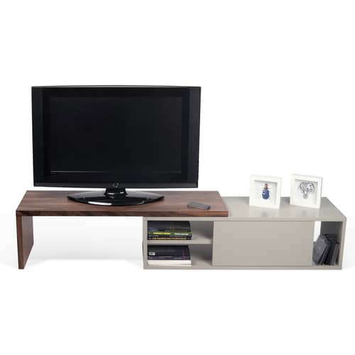 Meuble TV extensible Slide gris bois naturel / Pivotant - L 110 à 203 cm - POP UP HOME - Gris / Noyer - Panneaux d\'aggloméré peints, Placage de noyer