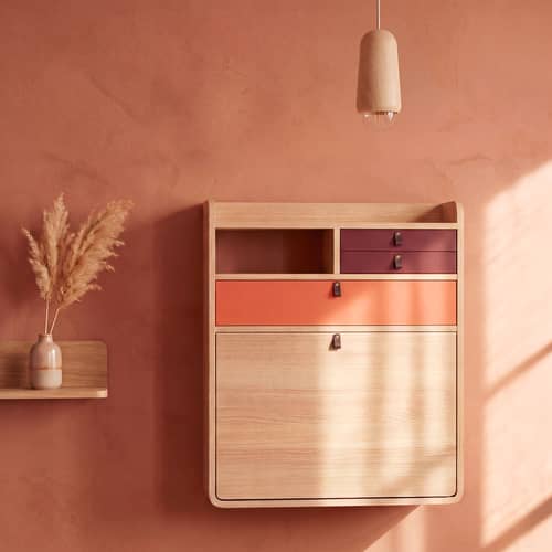 Secrétaire mural Gaston bois orange / L 60 x H 72 cm - Hartô - Corail épicé & bourgogne / Chêne naturel - MDF laqué, MDF plaqué chêne