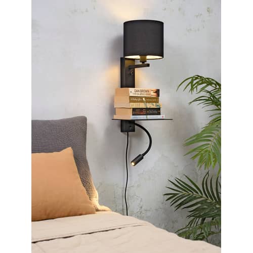 Applique avec prise Florence / Abat-jour tissu - Liseuse LED, étagère & port USB - It\'s about Romi - Noir - Coton, Fer