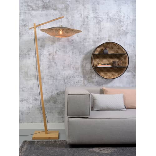 Lampada a stelo Kalimantan legno naturale / Bambù - H 176 cm / Ø 60 cm - GOOD&MOJO - Supporto naturale / Paralume naturale e nero - Bambù