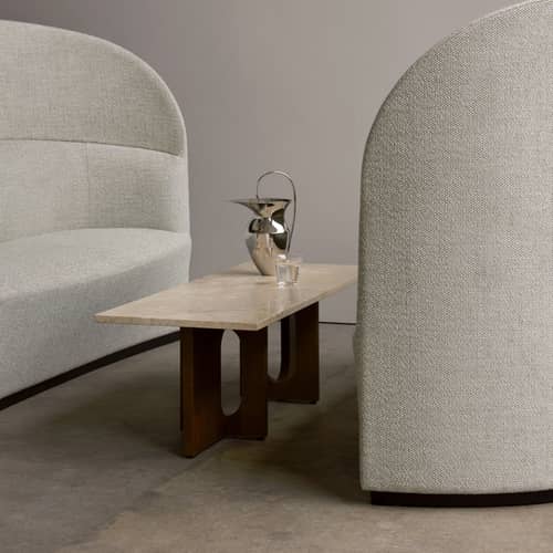 Table basse Androgyne Lounge Wood pierre beige bois naturel / 120 x 45 x H 37,8 cm - Base bois - Audo Copenhagen - Pierre Kunis Sable / Pied chêne foncé - MDF plaqué chêne teinté, Pierre Kunis Breccia