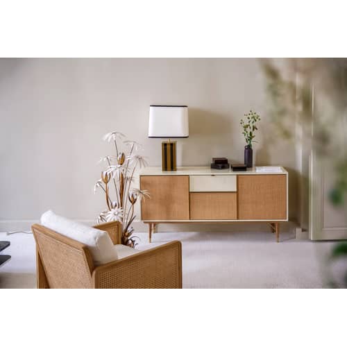 Elysée Table lamp textile wood yellow black / H 71 cm - Lacquered wood & fabric - RED Edition - Glossy black / White lampshade - Brass, Lacquered wood, Linen