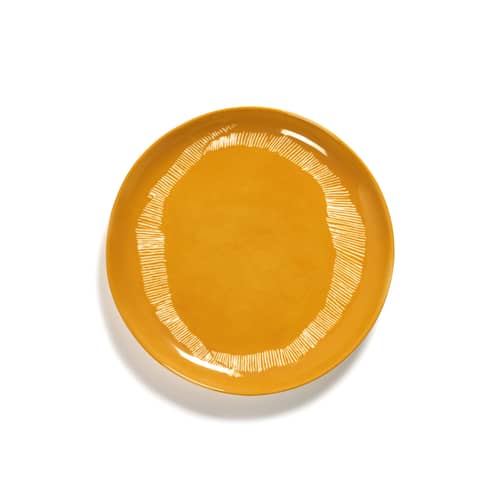 Assiette Feast céramique jaune Medium / Ø 22,5 cm - Serax - Traits / Jaune & blanc - Grès émaillé