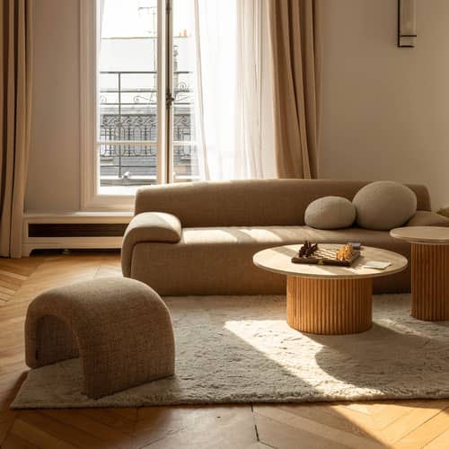 Oviedo Coffee table stone beige / Ø 80 cm - Travertine - NV GALLERY - Beige Travertine / Oak - Oak, Travertine