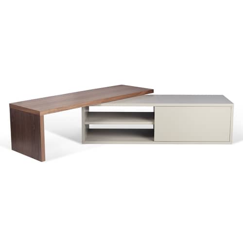 Meuble TV extensible Slide gris bois naturel / Pivotant - L 110 à 203 cm - POP UP HOME - Gris / Noyer - Panneaux d\'aggloméré peints, Placage de noyer