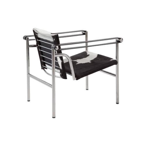 Poltrona  pelle bianco à dossier basculant - LC1 / 1928, Le Corbusier, P.Jeanneret, C. Perriand - CASSINA - Nero & bianco (pelle screziata) / Cromo - Acciaio, Pelle, Pelle di vitello con pelo