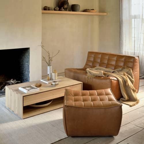 Sitzkissen N701 leder braun / 70 x 70 cm - Ethnicraft - Cognac - Anilinleder, Hochdichter PU-Schaum, Holz