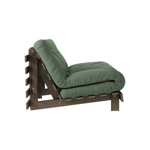 Schlafcouch Roots holz grün / B 140 cm - 3 Positionen / Struktur Braun - KARUP DESIGN - Olivgrün 756 / Holz Braun - FSC-zertifizierte, lackierte Massivkiefer, Gewebe, Recycelte Mischfasern, Schaumstoff