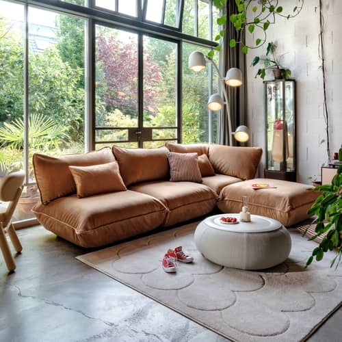 Ecksofa Sumo Corner textil braun / 4 Sitze - 301 x 204,5 cm / Recycelter Velours - Fatboy - Mandel (recycelter Samt) - ABS, Polypropylen, Recycelter Samt, Recycelter Schaumstoff, Stahl