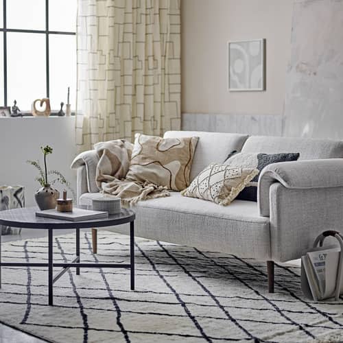 Canapé droit Chesham tissu blanc / 3 places - L 200 cm - Bloomingville - Blanc cassé / Noyer - Chêne, Contreplaqué, Mousse, Tissu polyester