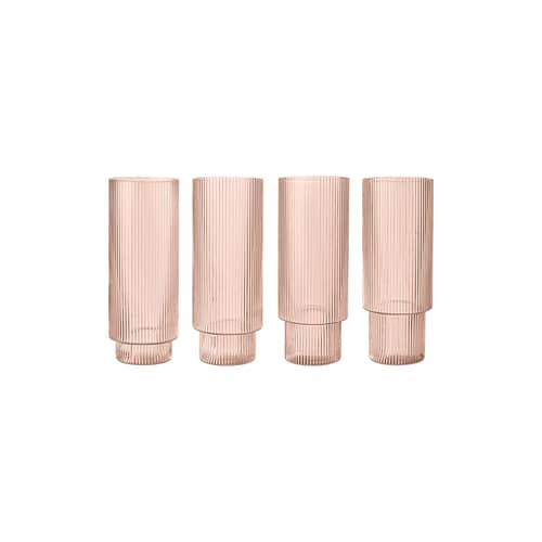 Set de 4 verres long drink Ripple verre rose / Ø 6 x H 14 cm (30 cl) - Ferm Living - Rose poudré - Verre soufflé bouche