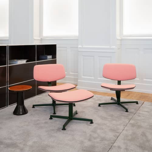 Poltrona girevole Arba tessuto rosa / Tessuto - Bouroullec, 2024 - raawii - Rosa (Vidar 0622) / Base Verde scuro - Acciaio, Alluminio, Compensato, Espanso, Tessuto Kvadrat