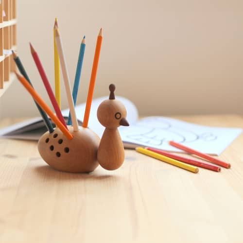 Peacock Pencil holder natural wood / 24 Pencils included - EO - Natural beechwood / Multicolored Pencils - Natural beechwood