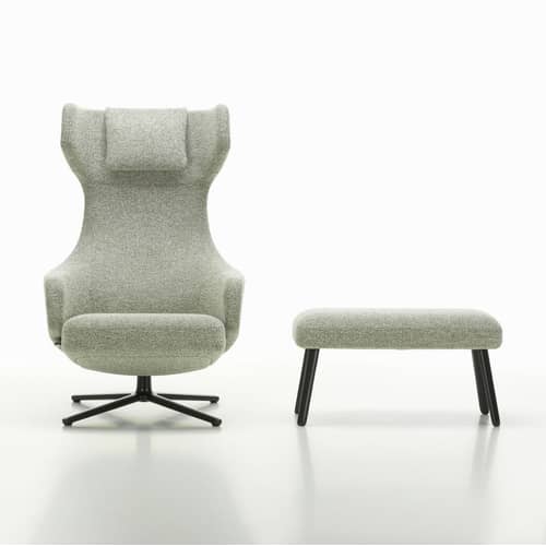 Set fauteuil & repose-pieds Grand Repos & Panchina tissu vert / Pivotant & inclinable - Vitra - Vert forêt-ivoire (tissu Nubia) / Alu noir -  Plumes, Aluminium injecté, Mousse polyuréthane, Tissu