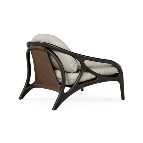 Fauteuil bas Vime INDOOR tissu beige - MORPHO - Chenille beige / Teck brun foncé - Cuir semi-aniline, Mousse haute densité, Teck massif, Tissu chenille